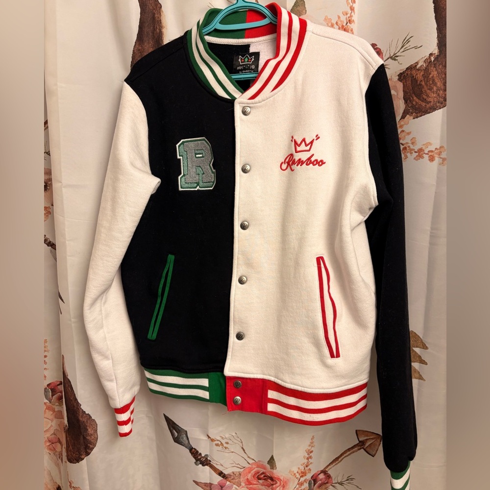 Black and White Varsity Jacket with Red Accents